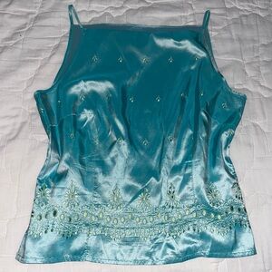Finity Studio Aqua Teal Embroidered Silk Blouse - Size 6